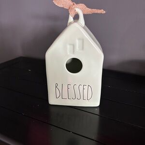Rae Dunn mint green Blessed' Birdhouse with burlap Ribbon.